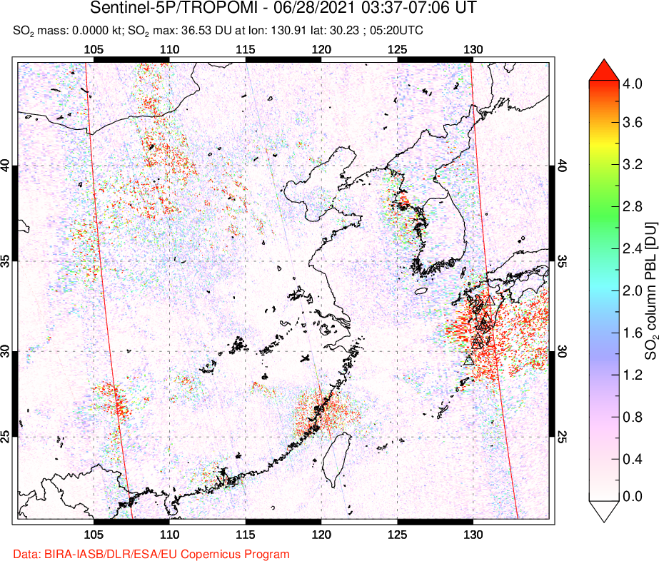 A sulfur dioxide image over Eastern China on Jun 28, 2021.