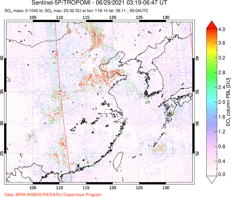 A sulfur dioxide image over Eastern China on Jun 29, 2021.