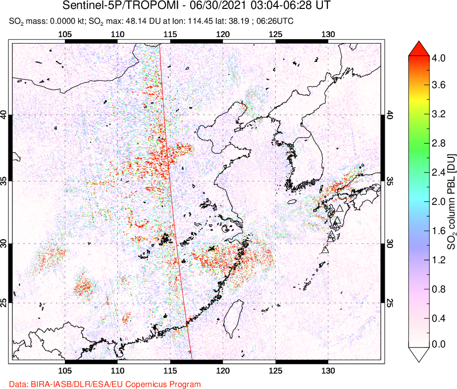 A sulfur dioxide image over Eastern China on Jun 30, 2021.