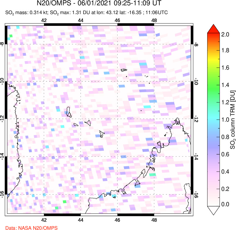 A sulfur dioxide image over Comoro Islands on Jun 01, 2021.