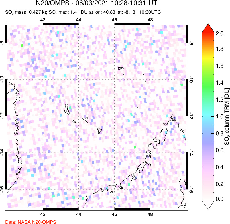 A sulfur dioxide image over Comoro Islands on Jun 03, 2021.