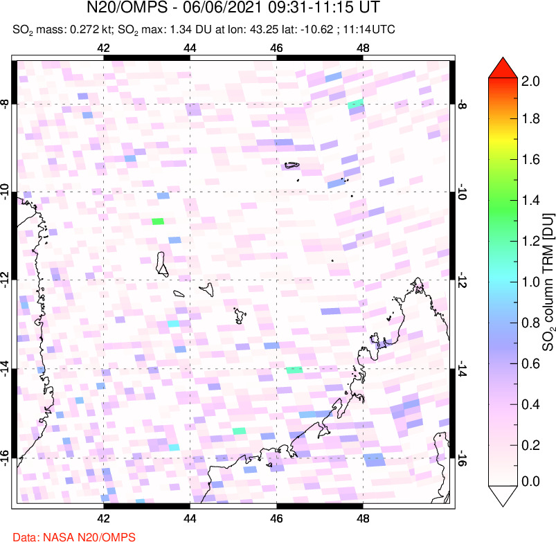 A sulfur dioxide image over Comoro Islands on Jun 06, 2021.