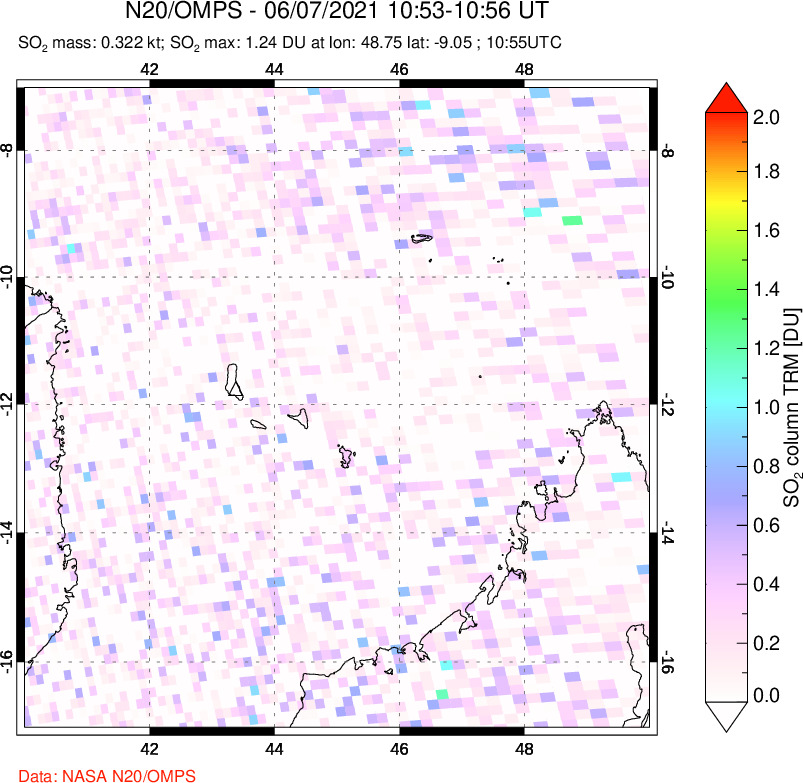 A sulfur dioxide image over Comoro Islands on Jun 07, 2021.