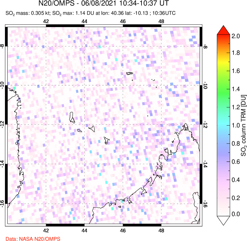 A sulfur dioxide image over Comoro Islands on Jun 08, 2021.
