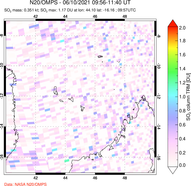A sulfur dioxide image over Comoro Islands on Jun 10, 2021.