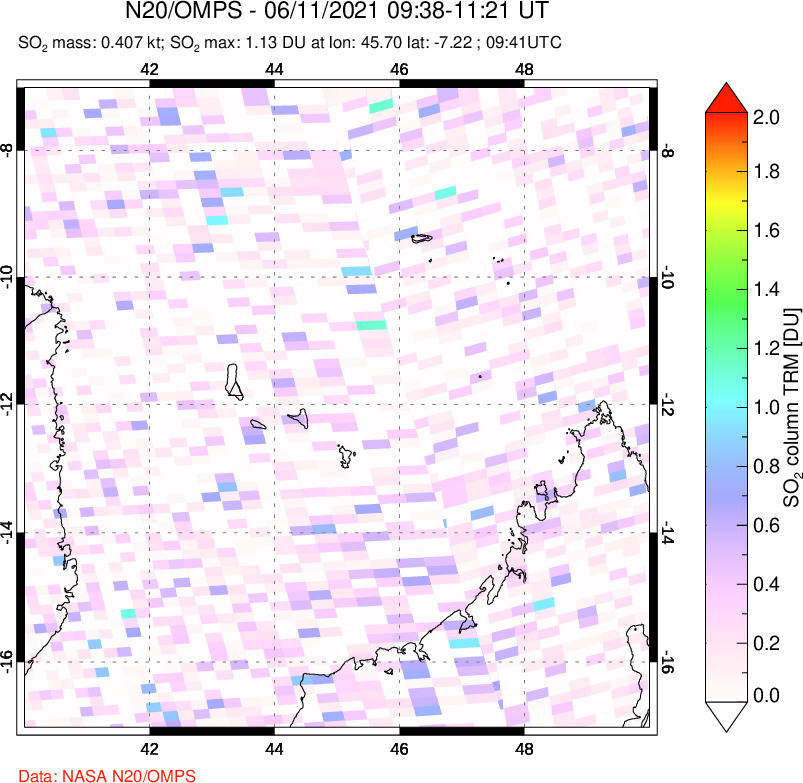 A sulfur dioxide image over Comoro Islands on Jun 11, 2021.