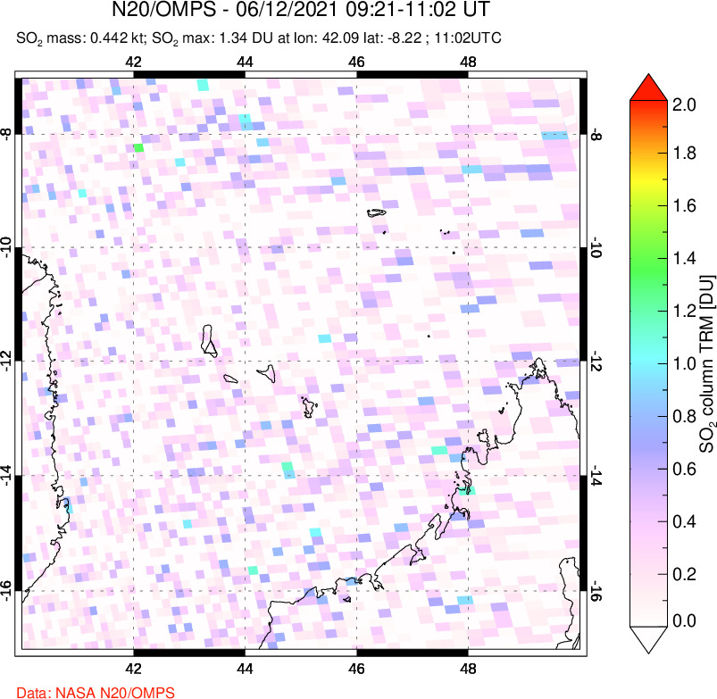 A sulfur dioxide image over Comoro Islands on Jun 12, 2021.