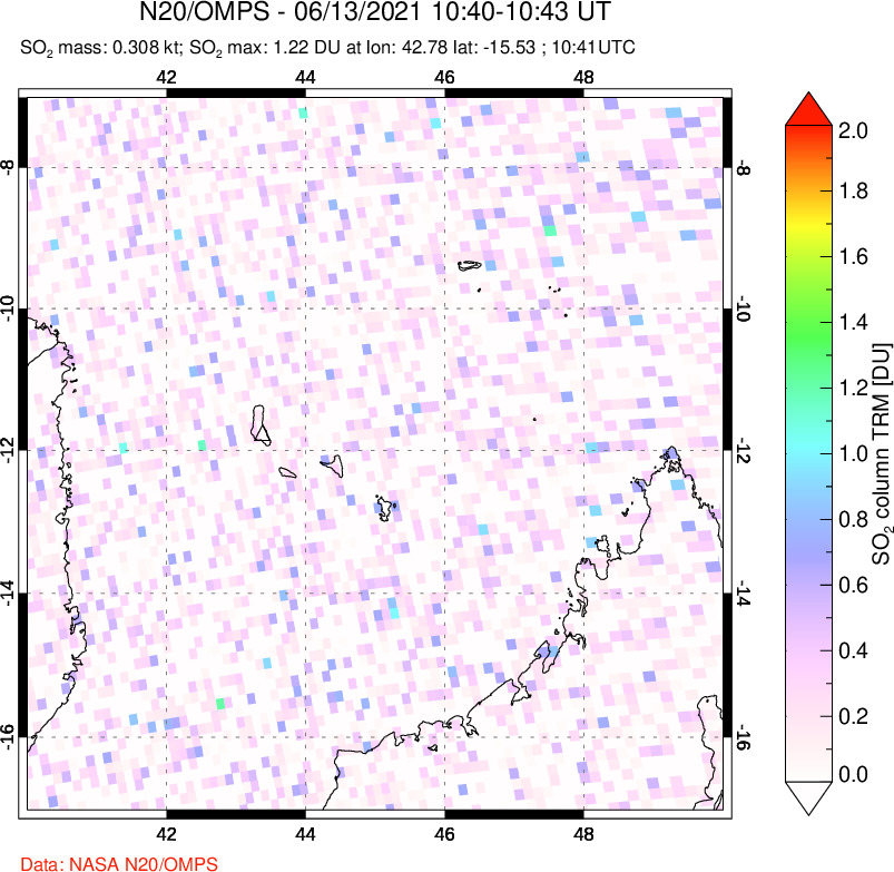 A sulfur dioxide image over Comoro Islands on Jun 13, 2021.