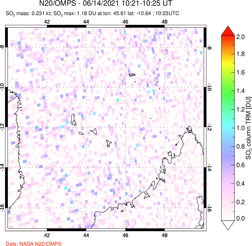 A sulfur dioxide image over Comoro Islands on Jun 14, 2021.
