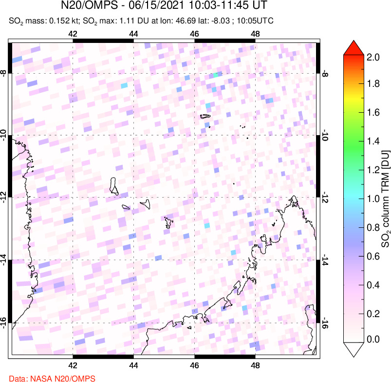 A sulfur dioxide image over Comoro Islands on Jun 15, 2021.