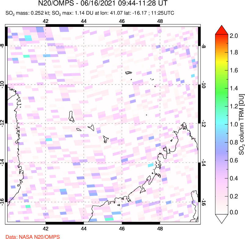 A sulfur dioxide image over Comoro Islands on Jun 16, 2021.