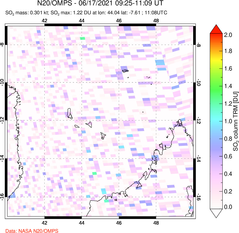 A sulfur dioxide image over Comoro Islands on Jun 17, 2021.