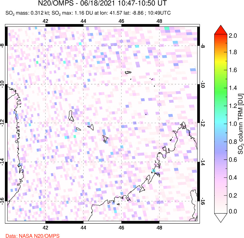 A sulfur dioxide image over Comoro Islands on Jun 18, 2021.