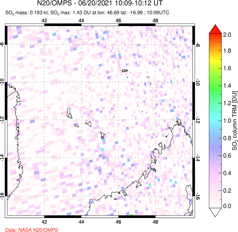 A sulfur dioxide image over Comoro Islands on Jun 20, 2021.