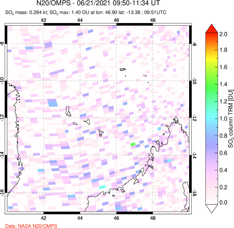 A sulfur dioxide image over Comoro Islands on Jun 21, 2021.