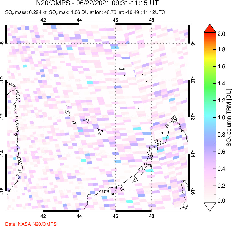A sulfur dioxide image over Comoro Islands on Jun 22, 2021.