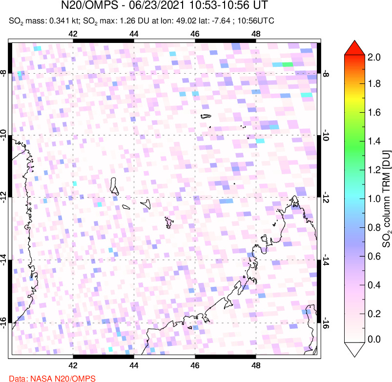 A sulfur dioxide image over Comoro Islands on Jun 23, 2021.