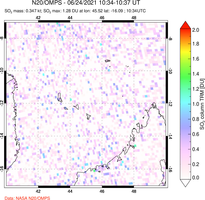 A sulfur dioxide image over Comoro Islands on Jun 24, 2021.