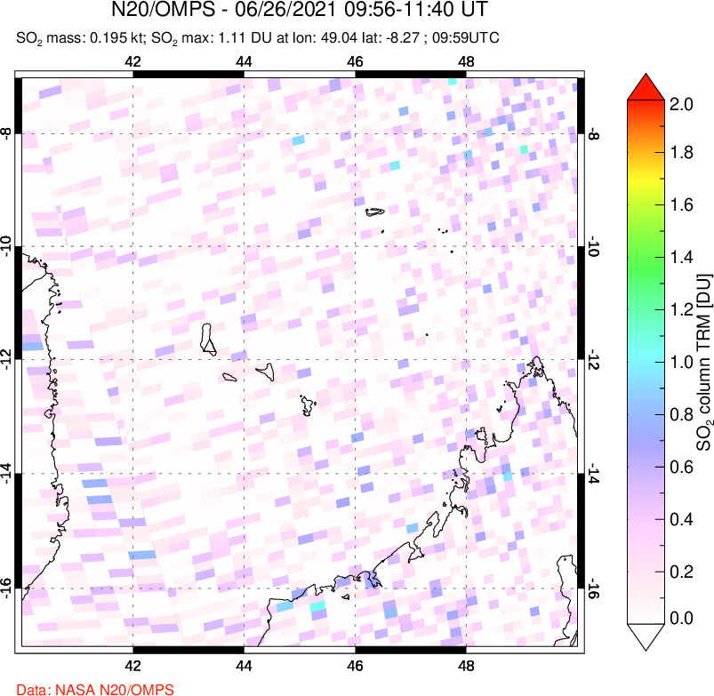 A sulfur dioxide image over Comoro Islands on Jun 26, 2021.