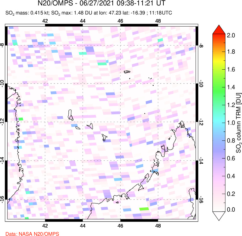 A sulfur dioxide image over Comoro Islands on Jun 27, 2021.
