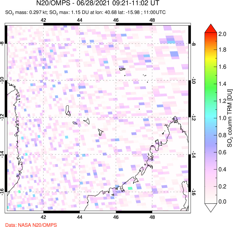 A sulfur dioxide image over Comoro Islands on Jun 28, 2021.