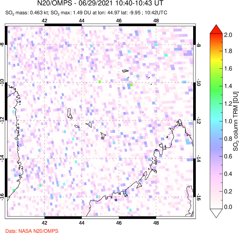 A sulfur dioxide image over Comoro Islands on Jun 29, 2021.