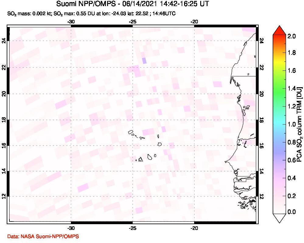 A sulfur dioxide image over Cape Verde Islands on Jun 14, 2021.