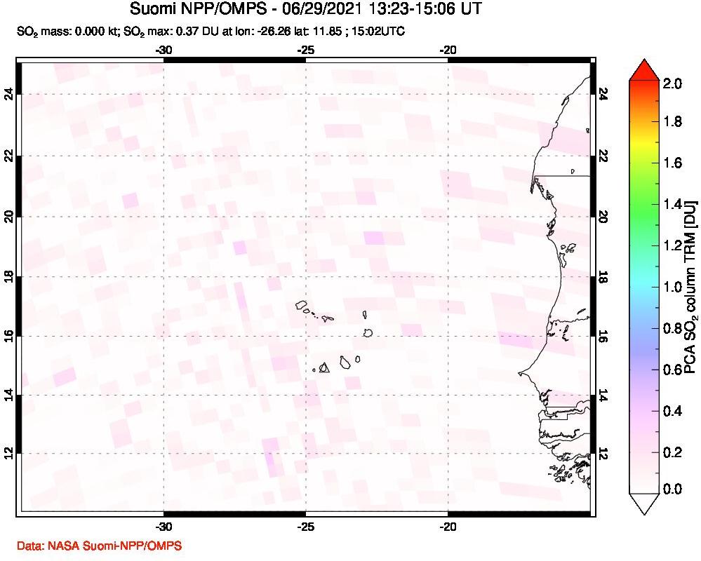 A sulfur dioxide image over Cape Verde Islands on Jun 29, 2021.