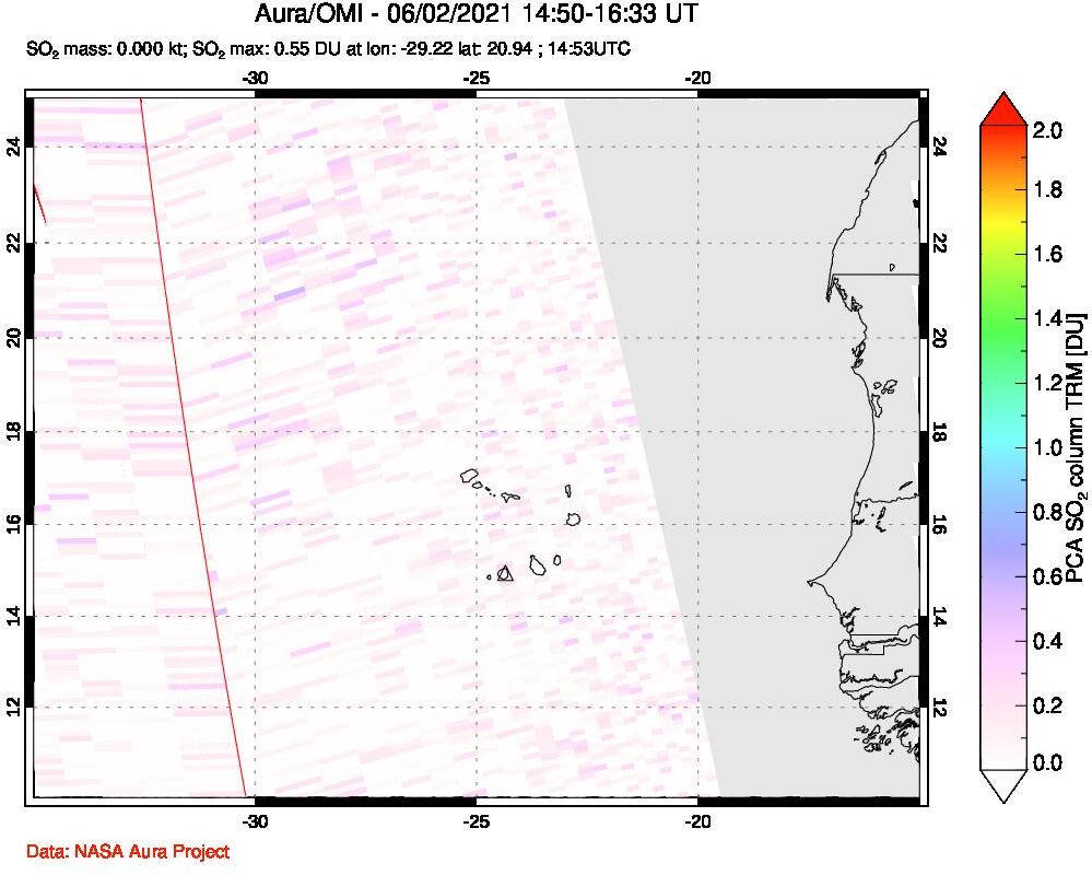 A sulfur dioxide image over Cape Verde Islands on Jun 02, 2021.