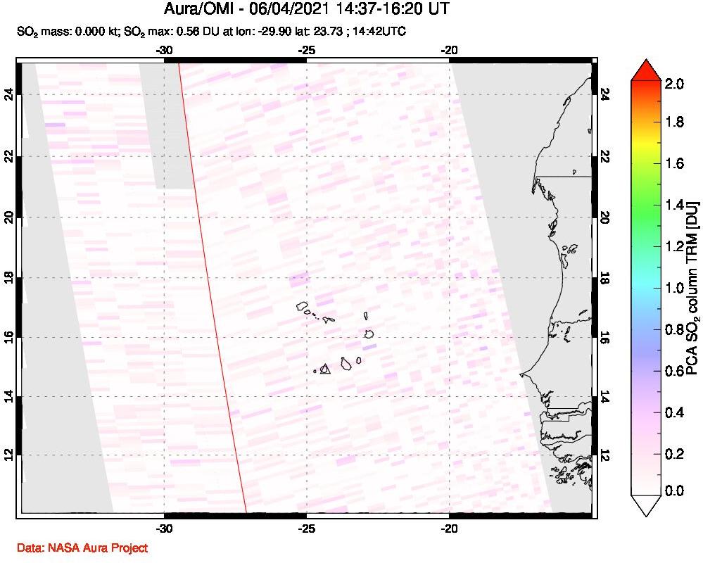 A sulfur dioxide image over Cape Verde Islands on Jun 04, 2021.