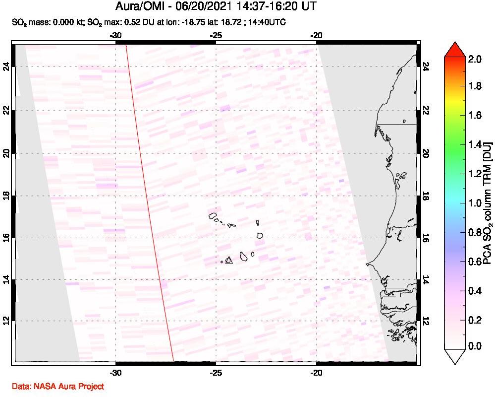 A sulfur dioxide image over Cape Verde Islands on Jun 20, 2021.