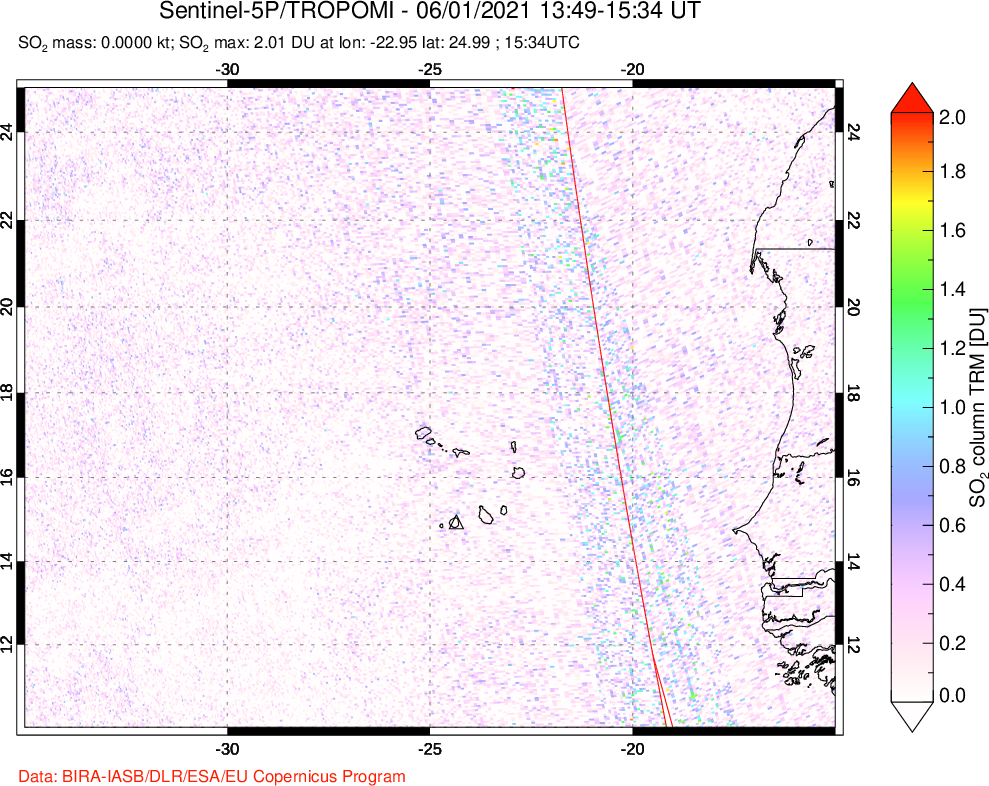 A sulfur dioxide image over Cape Verde Islands on Jun 01, 2021.