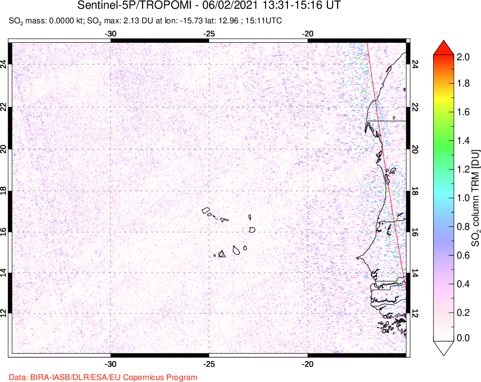 A sulfur dioxide image over Cape Verde Islands on Jun 02, 2021.