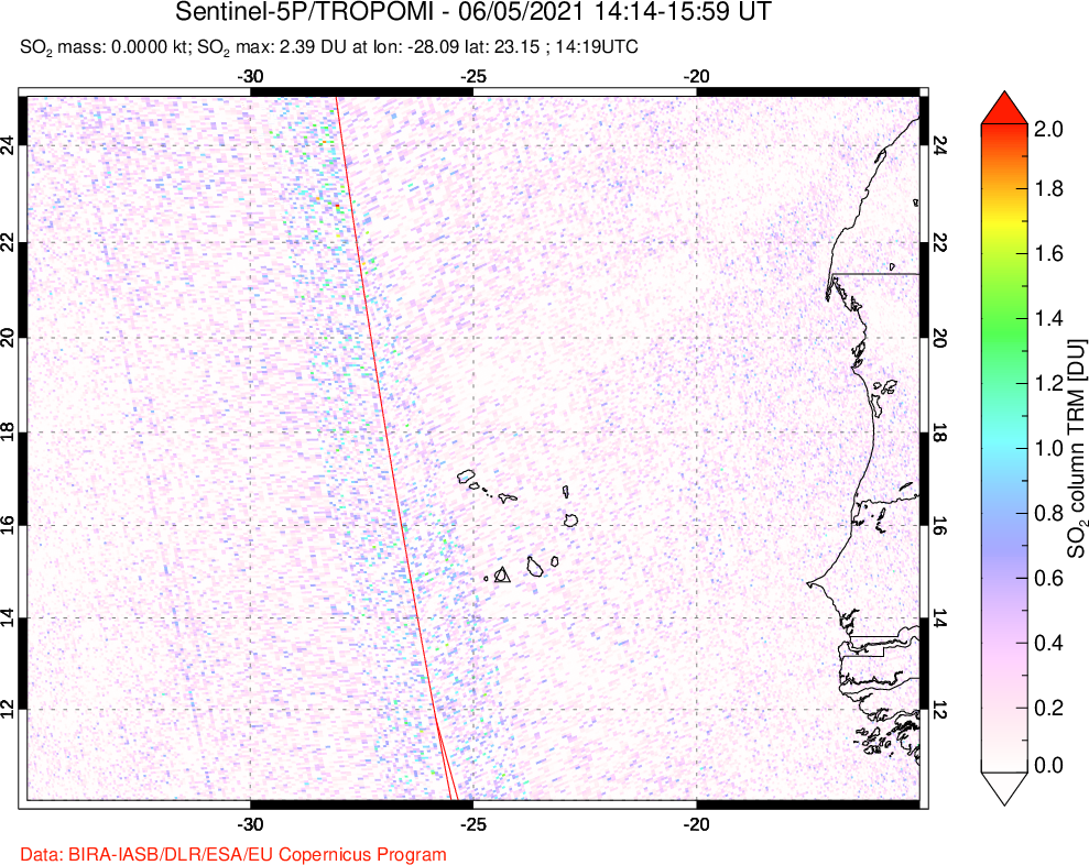 A sulfur dioxide image over Cape Verde Islands on Jun 05, 2021.