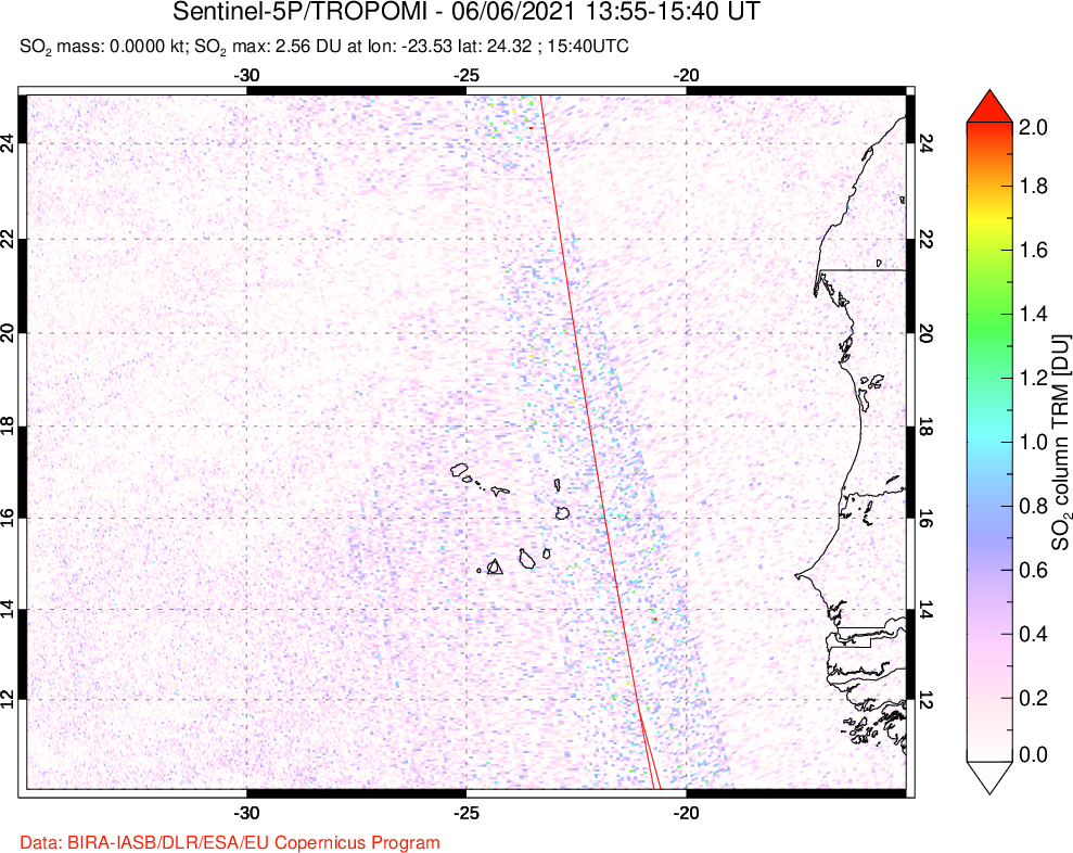 A sulfur dioxide image over Cape Verde Islands on Jun 06, 2021.