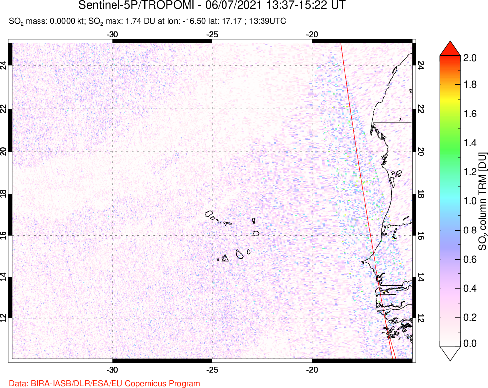 A sulfur dioxide image over Cape Verde Islands on Jun 07, 2021.