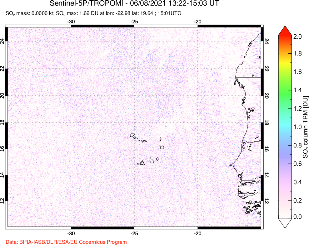 A sulfur dioxide image over Cape Verde Islands on Jun 08, 2021.