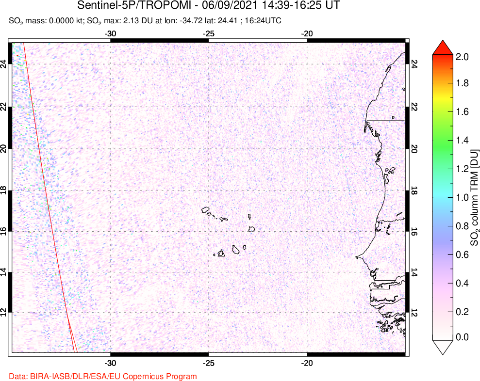 A sulfur dioxide image over Cape Verde Islands on Jun 09, 2021.