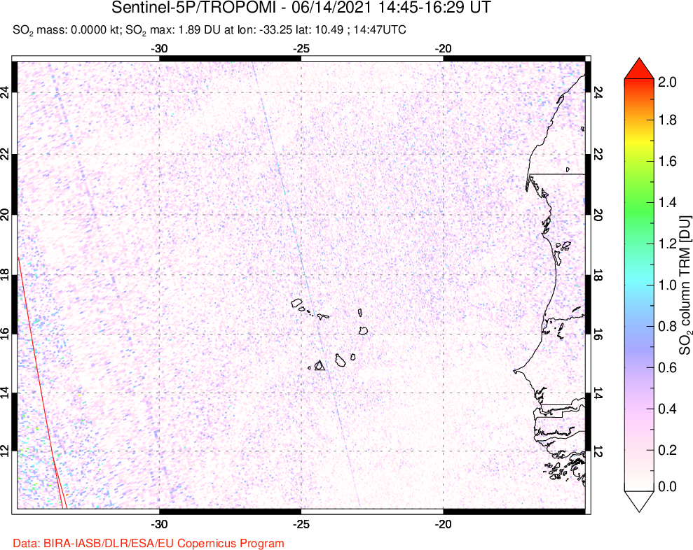 A sulfur dioxide image over Cape Verde Islands on Jun 14, 2021.