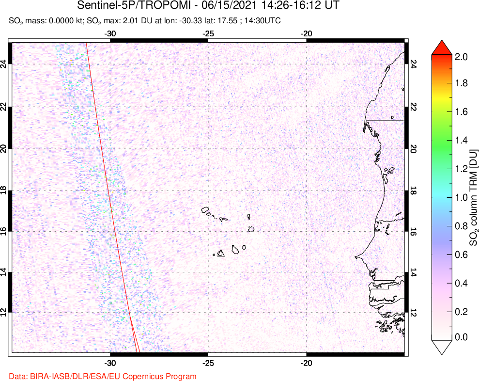 A sulfur dioxide image over Cape Verde Islands on Jun 15, 2021.