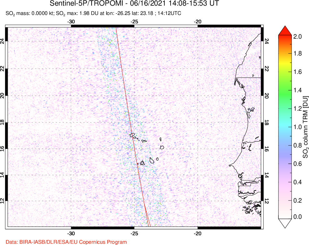 A sulfur dioxide image over Cape Verde Islands on Jun 16, 2021.
