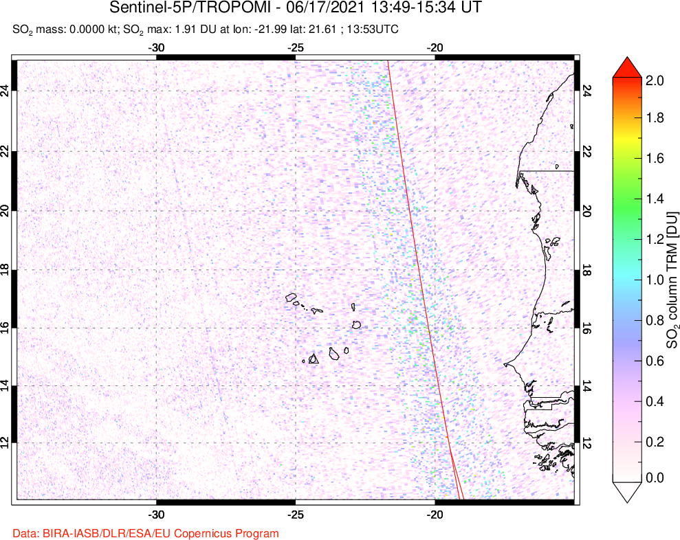A sulfur dioxide image over Cape Verde Islands on Jun 17, 2021.