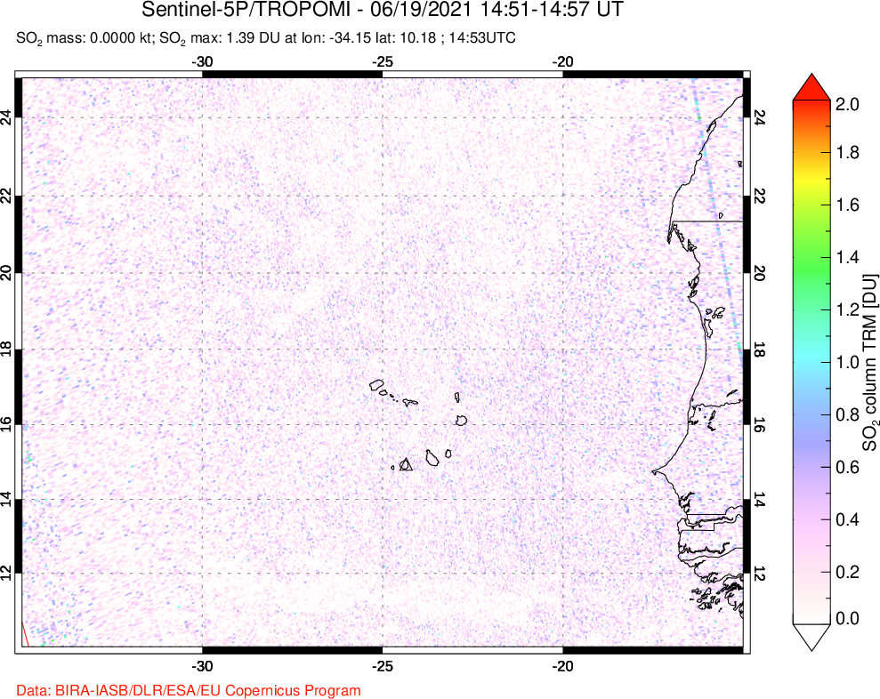 A sulfur dioxide image over Cape Verde Islands on Jun 19, 2021.