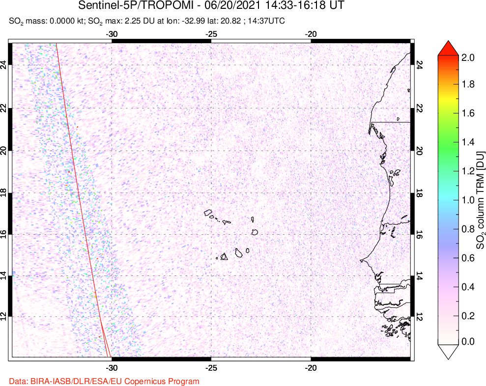 A sulfur dioxide image over Cape Verde Islands on Jun 20, 2021.