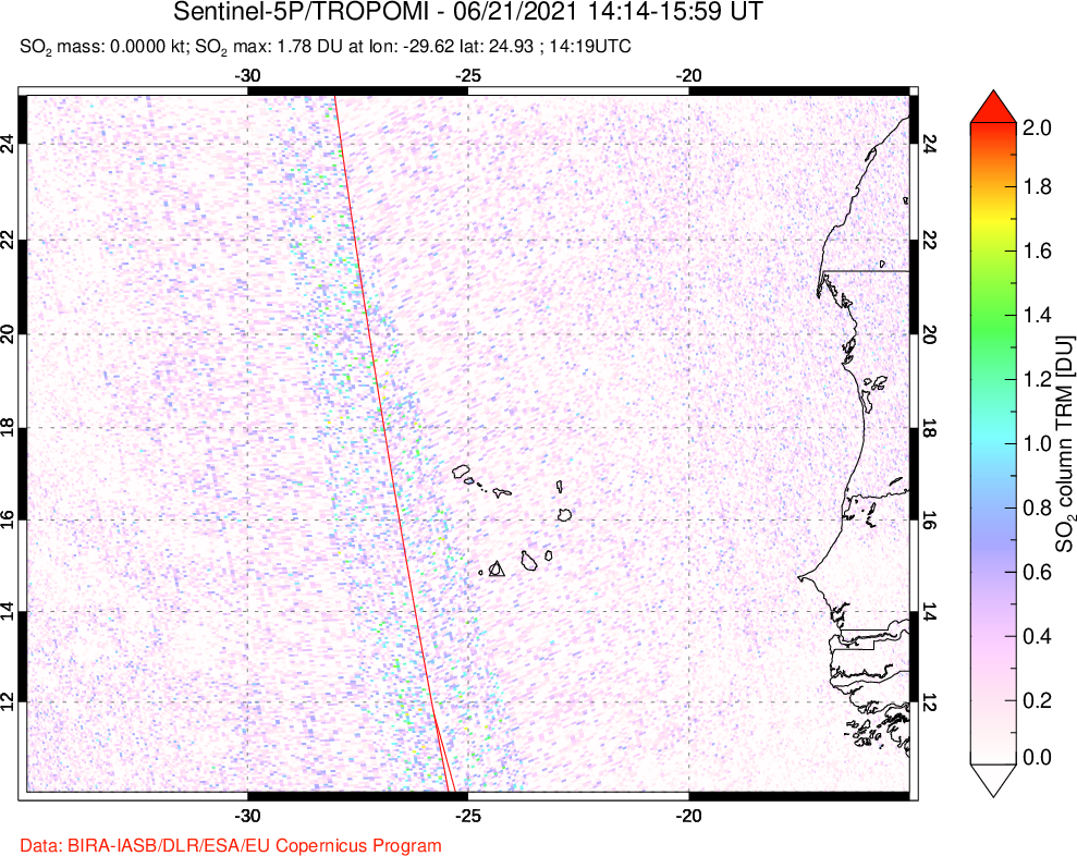 A sulfur dioxide image over Cape Verde Islands on Jun 21, 2021.
