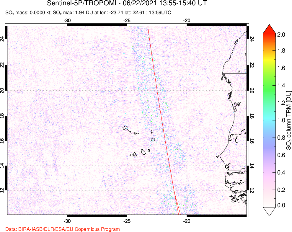 A sulfur dioxide image over Cape Verde Islands on Jun 22, 2021.