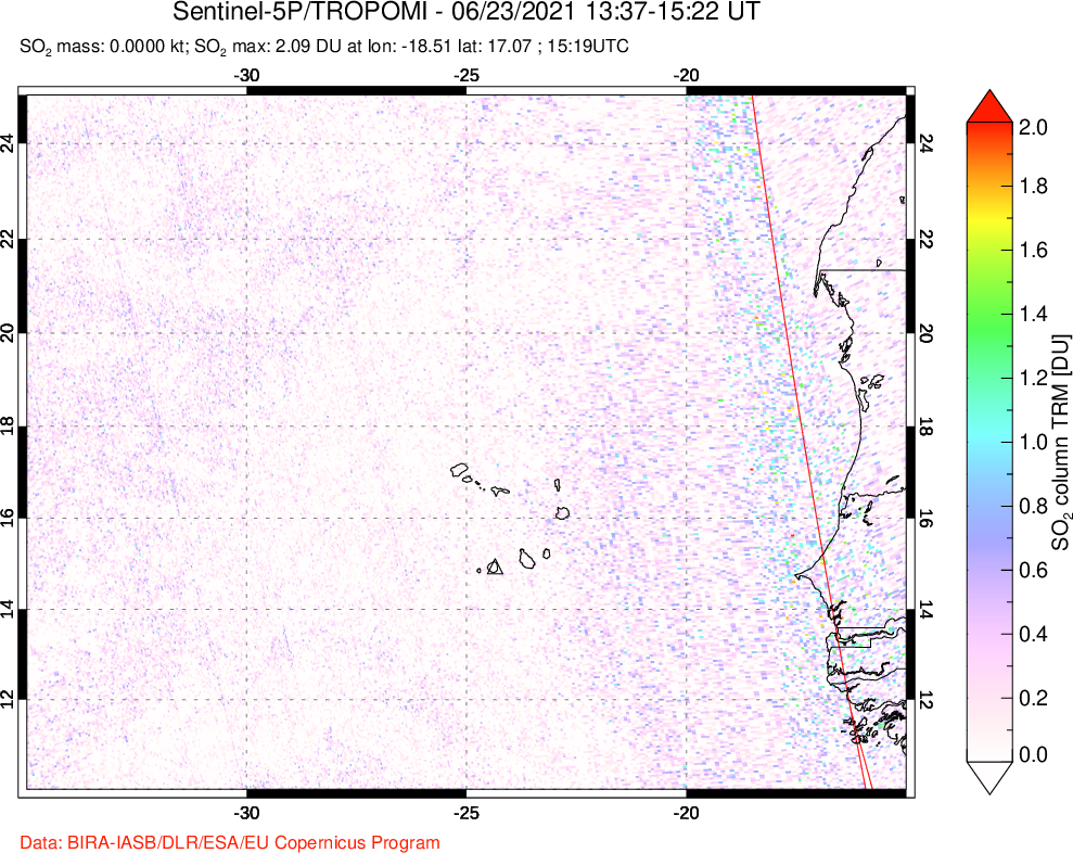A sulfur dioxide image over Cape Verde Islands on Jun 23, 2021.