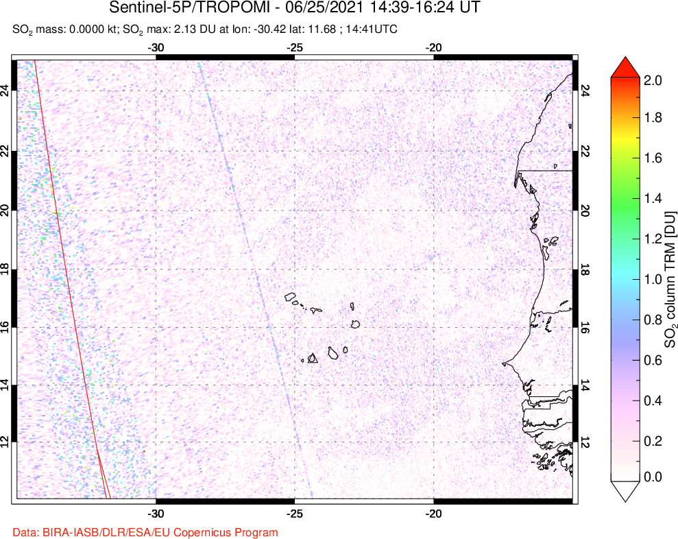 A sulfur dioxide image over Cape Verde Islands on Jun 25, 2021.