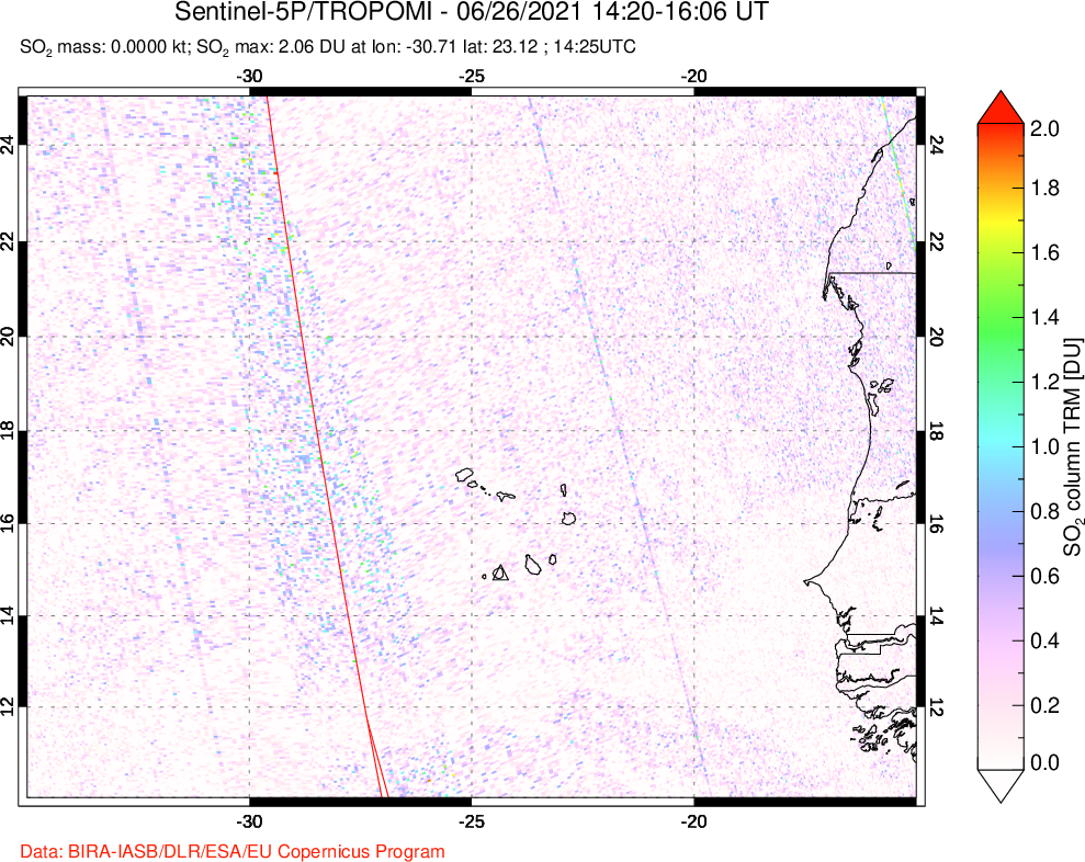 A sulfur dioxide image over Cape Verde Islands on Jun 26, 2021.