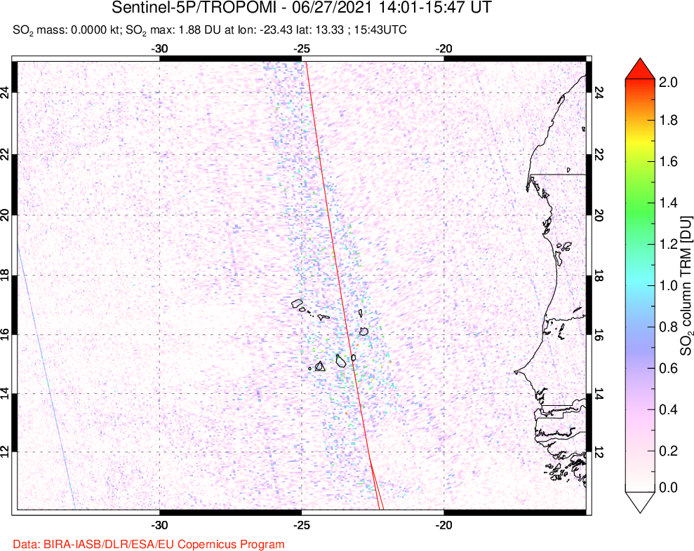 A sulfur dioxide image over Cape Verde Islands on Jun 27, 2021.